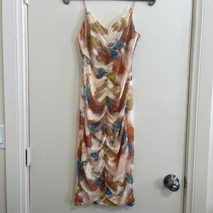 Y2k Ruched Bodycon Dress Size S  V-Neck Coquette Mesh Stretch Feminine Abstract